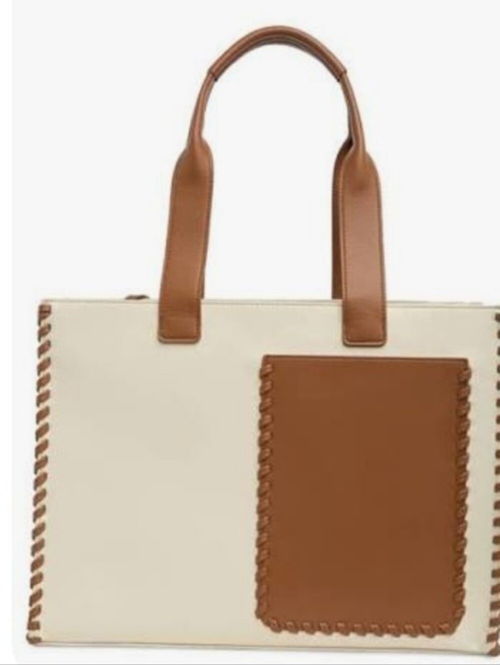 BCBGMaxAzria Cream and Tan Whipstitch Tote